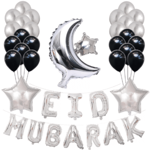 Ensemble Décoration Ballons Aluminium Eid Mubarak - Gris